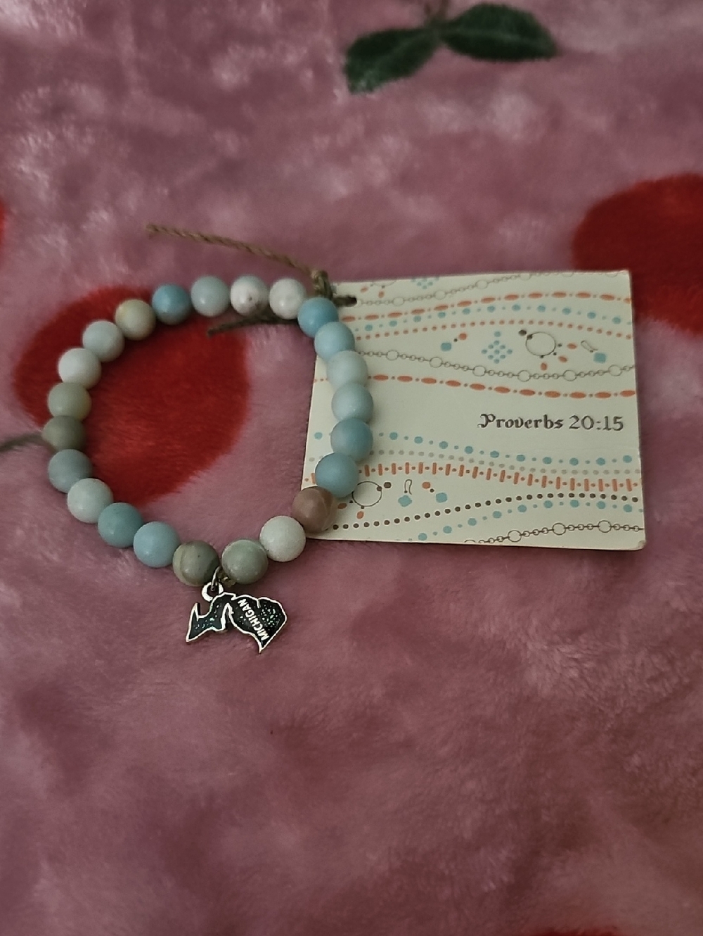 Handmade Pastel Blue Beaded Bracelet with Heart Charm